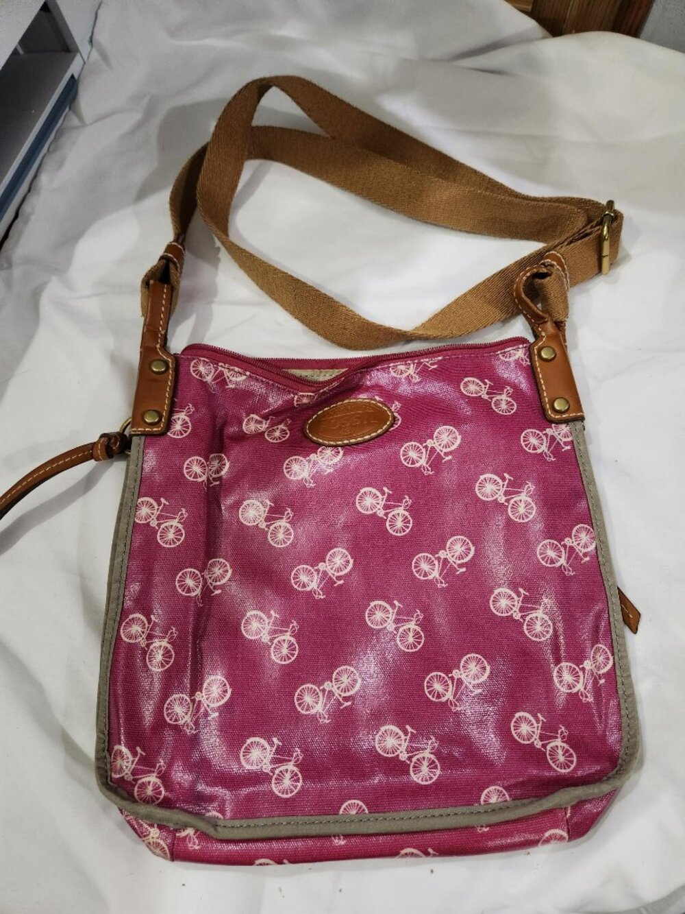 Fossil Pink Bicycle Print Crossbody Bag Canvas Leather Trim
